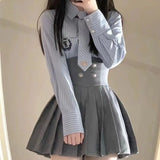 Girlary New Elegant 2 Piece Set Skirt Woman Casual Stripe Shirt + High Waist Y2k Mini Skirt Slim Fashion Suit Preppy Style Autumn