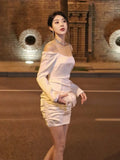 Girlary Elegant France Off Shoulder Mini Dress Sexy Spaghetti Straps Solid Wedding Party Vestidos Ladies Backless Clothes Spring New