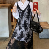 Girlary Floral Lace Black Transparent Dresses Women Sexy Long Dress Korean Sleeveless Holiday Dress Vacation Streetwear Party