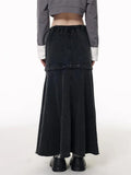 Girlary Women‘s Detachable Design Loose Cargo Denim Skirt Multiple Pockets Elastic Waist Drawstring Female Black Gray A-line Long Skirt