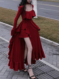 Girlary Spring Red Vintage Elegant Dress Women Flare Sleeve Designer Sweet Long Dress Female Ruffles Retro Princess Irregular Dress