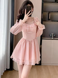 Girlary Women Pink Patchwork Chiffon Chic Ruffled Short Dress Spring Elegant Diamonds Kawaii Dress 2024 Korean Fashion Bodycon Vestidos