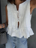 Girlary White Cotton Linen Shirt for Women Elegant Sexy Sleeveless Lace Up Blouse Summer Fashion Pleated Causal Holiday Shirts 2024