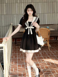 Girlary Summer Dress For Women Harajuku Preppy Style School Casual Sailor Collar Puff Sleeve Wrap Short Dresses