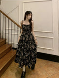 Girlary Y2k Korean Style One Piece Floral Dress Women Vintage Elegant Layered High Waist Black Long Slip Fairy Dresses Summer