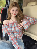 Girlary Blouses Retro Contrasting Plaid One Shoulder Long Sleeved Shirt Women Autumn Ruffles Stylish Versatile Streetwear Fashion Top