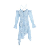 Girlary Y2K Ruffles Irregular Short Dress Women Summer New Tie Dye Flare Sleeves Spring Elegant Party Dress Prom Robe Halter Vestidos