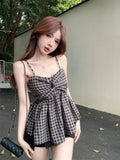 Girlary Streetwear Gyaru Tanks Sleeveless Plaid Patchwork Folds Summer Female Slim Tops All Match Fashion Vintage 2024 Women's Clothing