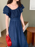 Girlary Summer Off Shoulder Ruffle Collar Long Denim Dress Women High Waist A-line Midi Sundress Female