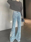 Girlary Vintge Embroidery Butterfly Flare Pants Y2k E-Girl High Waist Bell Bottom Jeans Summer New Straight Wide Leg