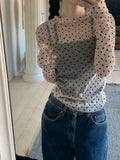 Girlary Korean Sheer Dot Mesh Tops Long Sleeve T Shirt Women Clothes Spring Summer Tops See Through T-shirts Y2k Tees Chic