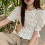 Girlary French Solid Blouses Women Chic Elegant Mujer New Gentle Casual Summer Short Sleeve Work Wear Slim-Fit Blusas