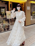 Girlary Spring and Autumn New Women's White Beach Dress Waist Pleated Holiday Long Sleeve Chiffon Dress