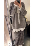 Girlary Women's Lace-up Grey Pullover Knitted Sweater Harajuku Y2k Long Sleeves V-Neck Sweater Jumper Vintage 2000s Aesthetic Clothes