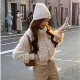 Girlary Fashion Short Waist Collection Lamb Fur Grass Coat for Women Winter New Eco Friendly Jacket Female Clothing