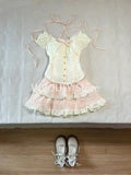 Girlary New Japanese Kawaii Sweet Elegant  2 Piece Set Women Lace Up Vintage Kawaii Set Female Y2k Princess Mini Skirt Suit