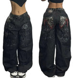 Girlary New American Trend Retro Hip-hop Embroidery Pattern Baggy Jeans For Men And Women Y2K Harajuku Gothic Wide Pants Streetwear