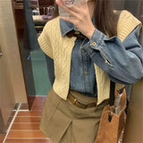 Girlary High Street Vintage Denim Shirts With Knitted Cardigans Vest Spring 2024 Loose Chic New Slim Casual Daily Office Lady