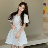 Girlary Chic Women Floral Dress Short Sleeve Single-breasted Korean Fashion Summer New A-Line Elegant Dresses Vestidos