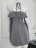 Girlary Korean Sweet Mini Dress Sexy Gray Off Shoulder Long Sleeves Lace-up A-Line Party Dresses Y2K Female One Piece Vestidos Mujer New