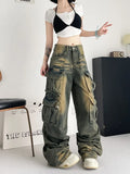 Girlary American New Fashion Multi-pocket Street Overalls Jeans Female Y2K Harajuku Gothic Leisure Popluar Washing Old Wide Leg Pants