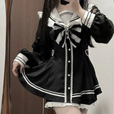 Girlary Japanese Style Gothic Y2k Lolita Bow Dress Shorts Set Women Vintage Sweet Long Sleeve Button Shirt Party Dresses Slim Mini Dress