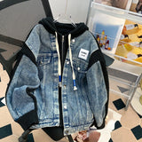 Girlary Japanese Vintage Y2k Jackets Hooded Knit Patchwork Fake Two Piece Zipper Oversized Denim Coat Autumn All Match Women's Clothing