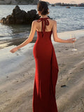 Girlary Sexy Red Halter Womens Dresses Elegant Backless V-Neck Bodycon Wedding Evening Party Long Dress Summer Spring Slim Vestidos New