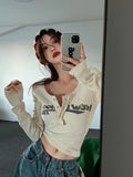 Girlary Retro Graffiti Print Elastic T Shirt Women Sexy Slim Crop Top Ribbed Long Sleeve O-neck Tops Grunge Tee Tops Korean