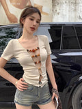 Girlary Off Shoulder Blackless T Shirts Women Sexy Coquette Aesthetic Crop Tops Wooden Beaded Solid Long Sleeve Tees 2024 New