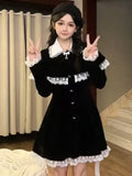 Girlary Y2K Sweet Cloak Dress Suits Bow Square Collar Long Sleeve Mini Dresses Autumn Winter Female Streetwear Womens Two Pieces Set New