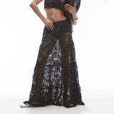 Girlary See Through Lace Skirts Women High Waist Street Fashion Loose Hollow Out Long Skirt Party Sexy Patchwork Clubwear