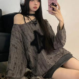 Girlary Y2K Grunge Grey Star Tshirts Women Gyaru Vintage Beige Long Sleeve T Shirts Hollow Out Oversize Gothic Distressed Tops