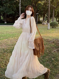 Girlary Spring and Autumn New Women's White Beach Dress Waist Pleated Holiday Long Sleeve Chiffon Dress