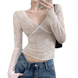 Girlary Spring Slim Tees High Waist V-Neck Spring Florals Lace New Hot Girls 2024 Office Lady Full Sleeve Casual Party T-Shirts