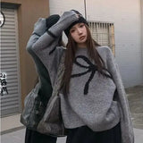 Girlary Knitted Sweater Round Neck Sweater Women Versatile Bow Knot Autumn Winter New Lazy Style Loose Top