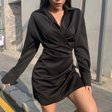 Girlary Fashion Lapel Commute Pleated Slim Shirt Dress Elegant Solid Color Long Sleeve Dress Lady Spring Satin Irregular Slim Mini Dress