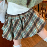 Girlary Autumn Winter France Retro Slim 2-piece Set Women Design Sweet Long Sleeve Knit Sweater Female + Plaid High Waist Petal Skirt