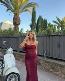 Girlary Women Chic Burgundy Lace Back Slit Maxi Dress Sexy Skinny Square Neck Backless Sling Robe 2024 New Lady Elegant Cocktail Dresses