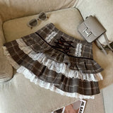 Girlary party look snspos Autumn Winter Patchwork Plaid Print Lace Ruffle Cake Skirts Y2k Hot Girl 2000s Woolen Mini Skirt Bow Lace Up High Waist Skater