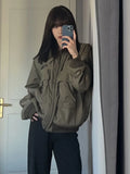 Girlary Streetwear Turn Down Collar Jackets Women Zipper Patchwork Y2k Aesthetic Loose Casual Coats New All Match Harajuku Pocket Tops