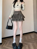 Girlary Chic Pleated Pu Skirts for Women High Waisted brown Black Fashion Solid Mini Skirts Autumn A Line Skirt 2024