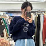 Girlary Korean Chic Letter Print Hoodies For Women Casual Patchwork Design Round Neck Pullovers Loose Sweatshirts