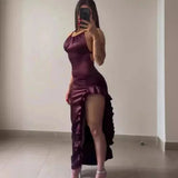 Girlary Women Sexy Satin Bodycon Long Dress Vintage Backless Strapless Ruffles Fork Party Club Elegant Evening Dresses Female Vestidos