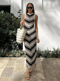 Girlary Summer Knitted Beach Dress Women Elegant Fashion Tassel Striped Long Dresses Summer Slim Bohemian Holiday Outfits 2024 Beachwear