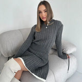 Girlary Women's Solid Knitted Pullover Skirt Sets Turndown Collar Sweater Long Sleeve Slim Sweaters with Short Skirts Elegant Women Sets