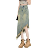 Girlary Raw Edge Women Midi Denim Skirt Spring Summer Korean Streetwear Fashion Irregular Distressed Straight A-line Skirt Shorts