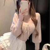 Girlary Y2K Fashion Two Piece Set Women Clothing Long Sleeve Cropped Cardigan Solid Bandage Tunic Vest Outfits Femme Sexy Knitted Suit