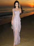 Girlary Elegant Purple Fairy Beach Dress Sexy Spaghetti Strap Ruffle Slim Evening Dresses Summer Holiday Vestidos Long Robe New Outfits