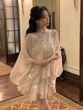 Girlary party look snspos Fashion British Style Mermaid Dress 2 Piece Set Korean Luxury Sequin Cloak Pleated Skirt Suit Summer Women Party Clothes Outfits